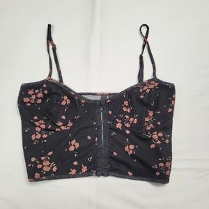 Garage Black Floral Cropped Cami Top with Pink Blossoms